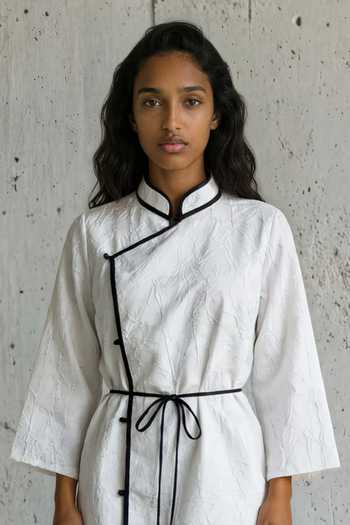 Vanshika Agarwal Label_Black Mandarin Collar Nysa Overlap Tie-up Dress _Online_at_Aza_Fashions