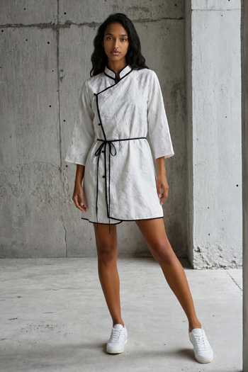 Buy_Vanshika Agarwal Label_Black Mandarin Collar Nysa Overlap Tie-up Dress _Online_at_Aza_Fashions