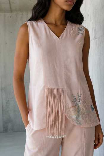 Vanshika Agarwal Label_Pink Cotton, Taffeta V-neck Coral Embroidered Top And Pant Set _Online_at_Aza_Fashions