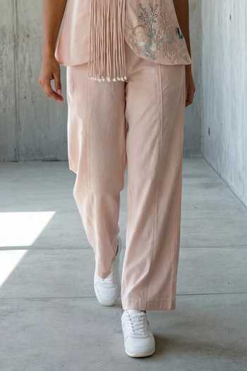 Buy_Vanshika Agarwal Label_Pink Cotton, Taffeta V-neck Coral Embroidered Top And Pant Set _Online_at_Aza_Fashions