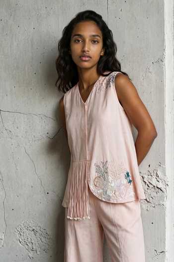 Shop_Vanshika Agarwal Label_Pink Cotton, Taffeta V-neck Coral Embroidered Top And Pant Set _Online_at_Aza_Fashions