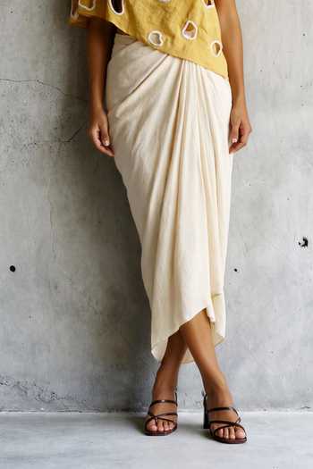 Vanshika Agarwal Label_Mustard Cotton, Chanderi One Shoulder Kate Top And Draped Skirt Set _Online_at_Aza_Fashions