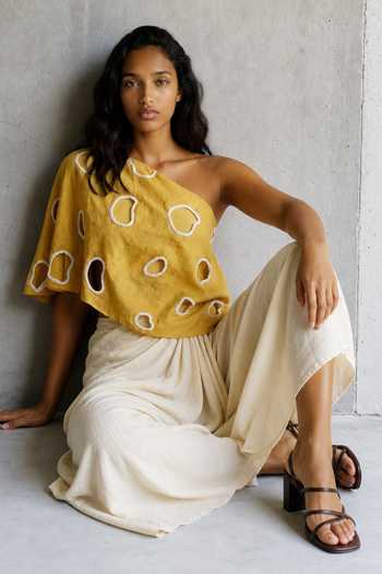 Buy_Vanshika Agarwal Label_Mustard Cotton, Chanderi One Shoulder Kate Top And Draped Skirt Set _Online_at_Aza_Fashions