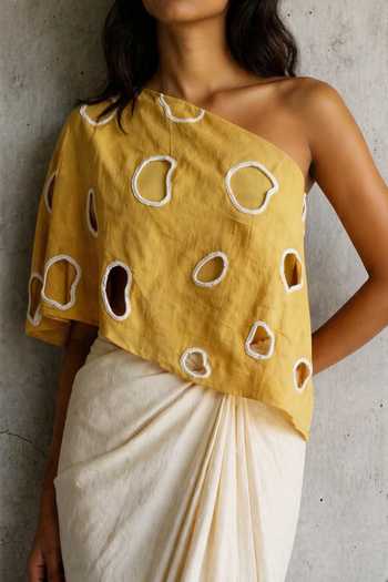 Shop_Vanshika Agarwal Label_Mustard Cotton, Chanderi One Shoulder Kate Top And Draped Skirt Set _Online_at_Aza_Fashions
