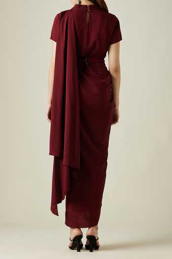 Shop Aakaar Wine Metallic Thread Pleated Draped Saree Dress With Belt For Kids at Aza Fashions Shop_Aakaar_Wine Metallic Thread Pleated Draped Saree Dress With Belt For Kids_at_Aza_Fashions