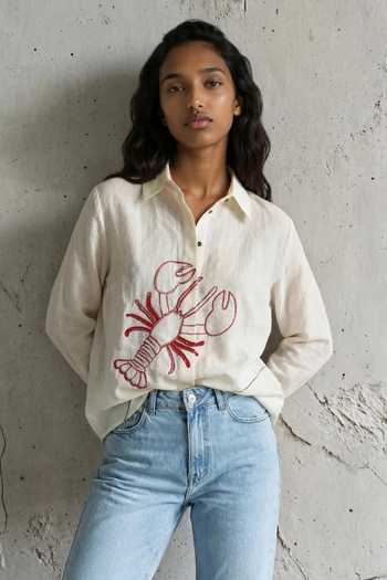 Vanshika Agarwal Label Lobster Embroidered Linen Shirt 