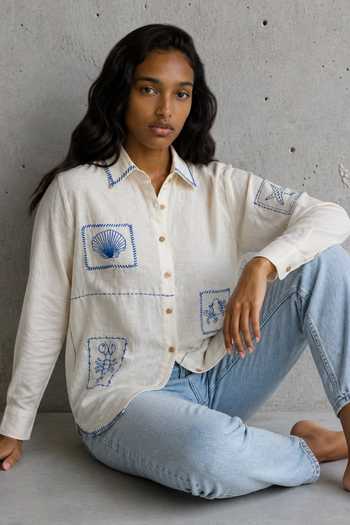 Vanshika Agarwal Label_White Linen Collared Neck Underwater Embroidered Shirt _Online_at_Aza_Fashions
