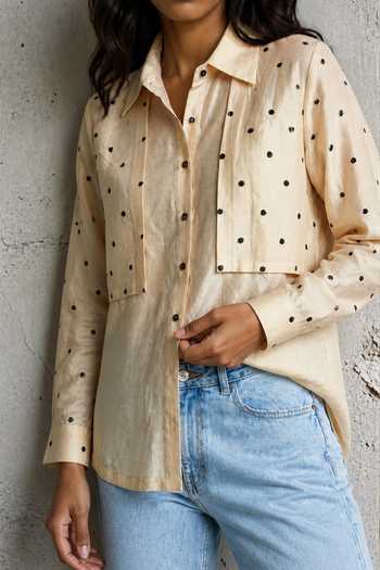 Vanshika Agarwal Label_Beige Chanderi Collared Neck Polka Embroidered Shirt _Online_at_Aza_Fashions