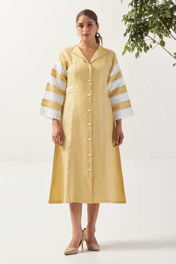 Savaaya_Yellow Linen Collared Neck The Sun Muse Dress _Online_at_Aza_Fashions