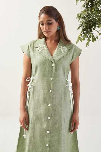 Shop Savaaya Green Linen V-neck The Sage Two Tone Dress Online at Aza Fashions Shop_Savaaya_Green Linen V-neck The Sage Two Tone Dress _Online_at_Aza_Fashions