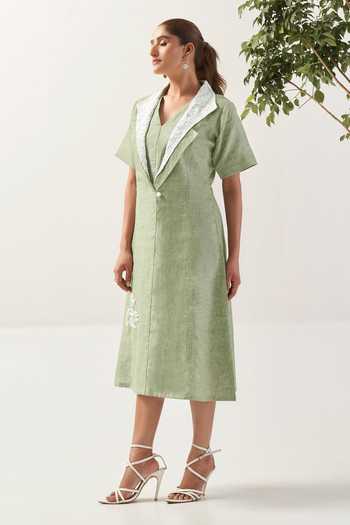 Savaaya_Green Linen V-, Collared The Meadow Two Tone Dress _Online_at_Aza_Fashions