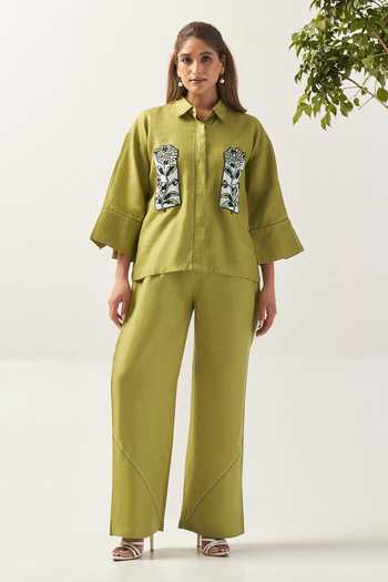 Savaaya_Green Linen Collared Neck The Botanica Handwork Patch Shirt _Online_at_Aza_Fashions