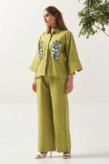 Buy_Savaaya_Green Linen Collared Neck The Botanica Handwork Patch Shirt _Online_at_Aza_Fashions