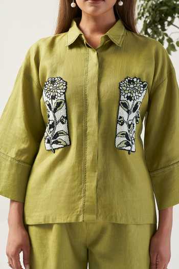 Shop_Savaaya_Green Linen Collared Neck The Botanica Handwork Patch Shirt _Online_at_Aza_Fashions