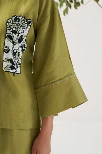 Savaaya_Green Linen Collared Neck The Botanica Handwork Patch Shirt _at_Aza_Fashions
