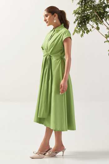 Savaaya_Green Cotton, Poplin Collared Neck The Citrine Draped Dress _Online_at_Aza_Fashions