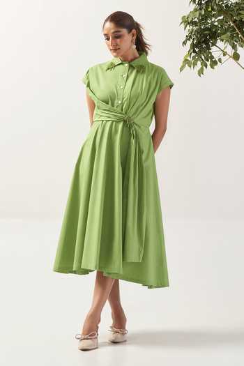 Buy_Savaaya_Green Cotton, Poplin Collared Neck The Citrine Draped Dress _Online_at_Aza_Fashions