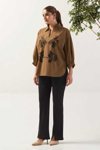 Shop_Savaaya_Brown Cotton, Poplin Collared Neck The Dune Handwork Shirt _Online_at_Aza_Fashions
