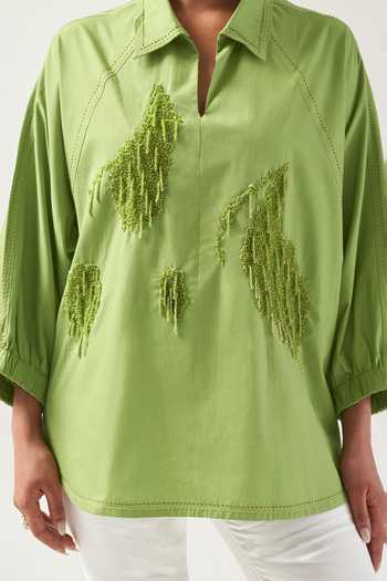 Savaaya_Green Cotton, Poplin Collared Neck The Verdant Handwork Shirt _Online_at_Aza_Fashions