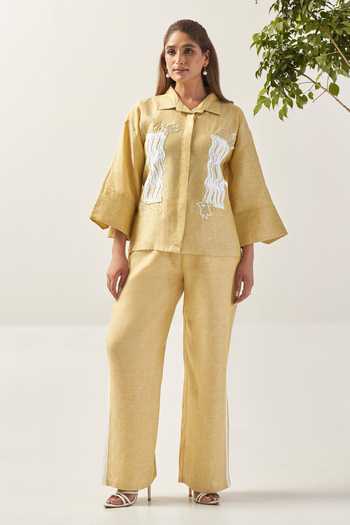 Buy Savaaya Yellow Linen Collared Neck Soliel Schiffli Panel Shirt Online at Aza Fashions Buy_Savaaya_Yellow Linen Collared Neck Soliel Schiffli Panel Shirt _Online_at_Aza_Fashions