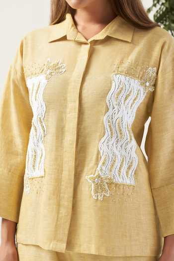 Shop Savaaya Yellow Linen Collared Neck Soliel Schiffli Panel Shirt Online at Aza Fashions Shop_Savaaya_Yellow Linen Collared Neck Soliel Schiffli Panel Shirt _Online_at_Aza_Fashions