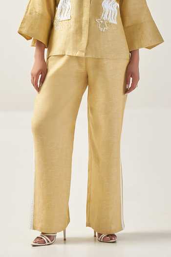 Savaaya_Yellow Linen Collared Neck The Soliel Schiffli Panel Shirt And Pant Co-ord Set _Online_at_Aza_Fashions