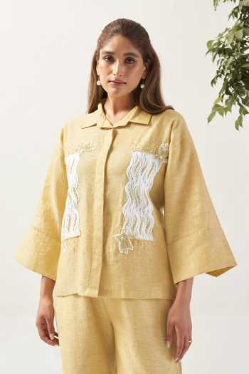 Buy_Savaaya_Yellow Linen Collared Neck The Soliel Schiffli Panel Shirt And Pant Co-ord Set _Online_at_Aza_Fashions