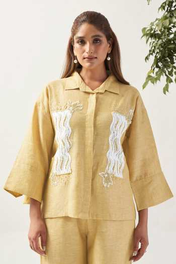 Shop_Savaaya_Yellow Linen Collared Neck The Soliel Schiffli Panel Shirt And Pant Co-ord Set _Online_at_Aza_Fashions