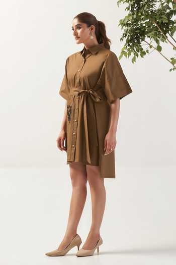 Savaaya_Brown Cotton, Poplin Button-down Neck The Terra Handwork Tie-up Dress _Online_at_Aza_Fashions