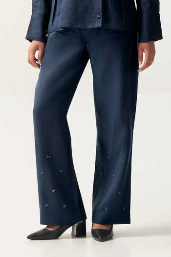 Savaaya_Blue Linen V-, Collared Celestial Handwork Shirt And Pant Co-ord Set _Online_at_Aza_Fashions