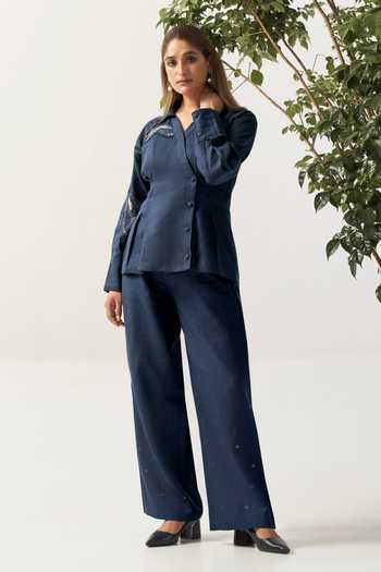 Buy_Savaaya_Blue Linen V-, Collared Celestial Handwork Shirt And Pant Co-ord Set _Online_at_Aza_Fashions