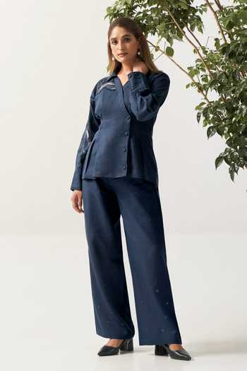 Shop_Savaaya_Blue Linen V-, Collared Celestial Handwork Shirt And Pant Co-ord Set _Online_at_Aza_Fashions
