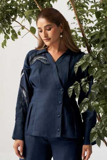 Buy_Savaaya_Blue Linen V-, Collared Celestial Handwork Shirt And Pant Co-ord Set 
