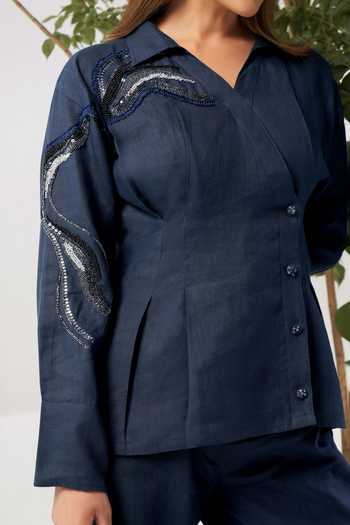 Shop_Savaaya_Blue Linen V-, Collared Celestial Handwork Shirt And Pant Co-ord Set 