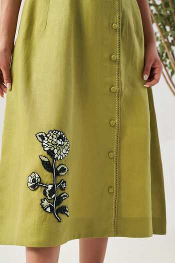 Savaaya_Green Linen V-neck Garden Floral Patchwork Dress _Online_at_Aza_Fashions