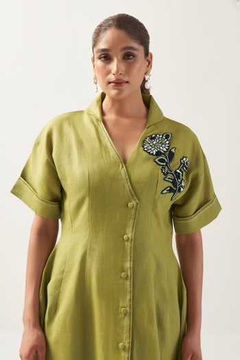 Buy_Savaaya_Green Linen V-neck Garden Floral Patchwork Dress _Online_at_Aza_Fashions