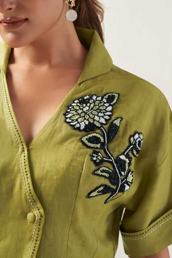 Shop_Savaaya_Green Linen V-neck Garden Floral Patchwork Dress _Online_at_Aza_Fashions