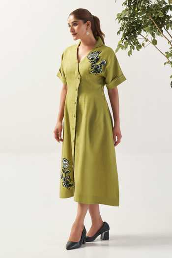 Savaaya_Green Linen V-neck Garden Floral Patchwork Dress _at_Aza_Fashions