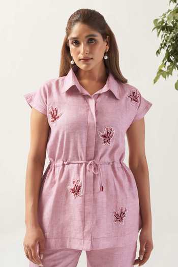 Savaaya Pink Linen Collared Neck Handwork Petal Shirt And Pant Co-ord Set Online at Aza Fashions Savaaya_Pink Linen Collared Neck Handwork Petal Shirt And Pant Co-ord Set _Online_at_Aza_Fashions