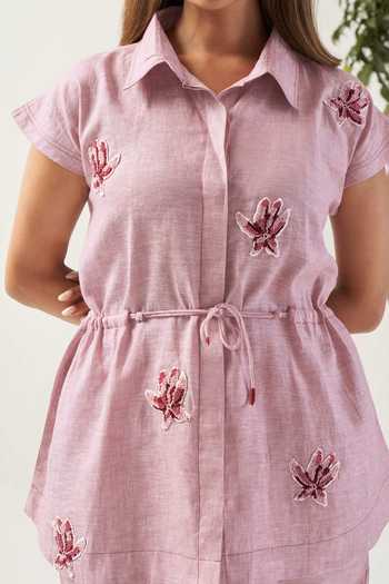 Shop Savaaya Pink Linen Collared Neck Handwork Petal Shirt And Pant Co-ord Set Online at Aza Fashions Shop_Savaaya_Pink Linen Collared Neck Handwork Petal Shirt And Pant Co-ord Set _Online_at_Aza_Fashions