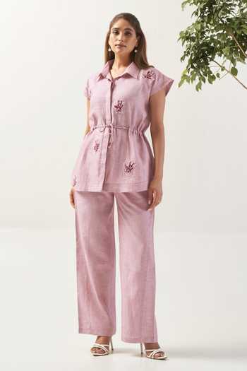 Savaaya Pink Linen Collared Neck Handwork Petal Shirt And Pant Co-ord Set at Aza Fashions Savaaya_Pink Linen Collared Neck Handwork Petal Shirt And Pant Co-ord Set _at_Aza_Fashions