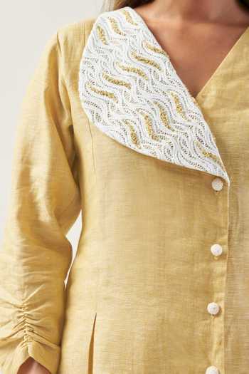 Savaaya_Yellow Linen Shawl Neck Sunline Wrap Shirt And Pant Co-ord Set _at_Aza_Fashions