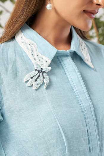 Buy Savaaya Blue Linen Collared Neck The Ariel Dress With Schiffli Belt Online at Aza Fashions Buy_Savaaya_Blue Linen Collared Neck The Ariel Dress With Schiffli Belt _Online_at_Aza_Fashions