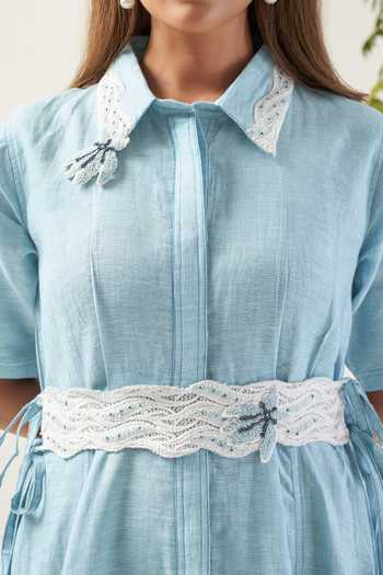 Shop Savaaya Blue Linen Collared Neck The Ariel Dress With Schiffli Belt Online at Aza Fashions Shop_Savaaya_Blue Linen Collared Neck The Ariel Dress With Schiffli Belt _Online_at_Aza_Fashions