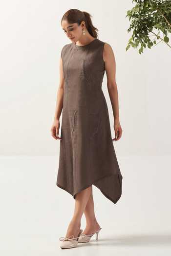 Savaaya_Brown Linen Round Neck The Dune Pure Asymmetric Dress _Online_at_Aza_Fashions