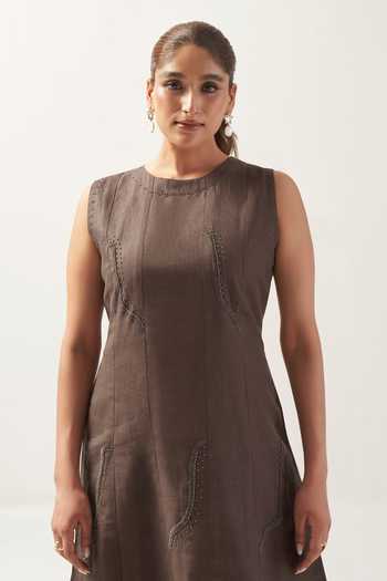Buy_Savaaya_Brown Linen Round Neck The Dune Pure Asymmetric Dress _Online_at_Aza_Fashions