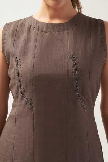 Shop_Savaaya_Brown Linen Round Neck The Dune Pure Asymmetric Dress _Online_at_Aza_Fashions