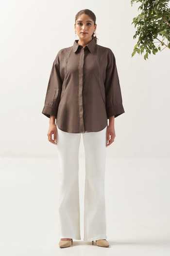 Savaaya Brown Linen Collared Neck Cocoa Pure Shirt Online at Aza Fashions Savaaya_Brown Linen Collared Neck Cocoa Pure Shirt _Online_at_Aza_Fashions