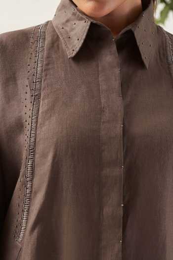 Buy Savaaya Brown Linen Collared Neck Cocoa Pure Shirt Online at Aza Fashions Buy_Savaaya_Brown Linen Collared Neck Cocoa Pure Shirt _Online_at_Aza_Fashions