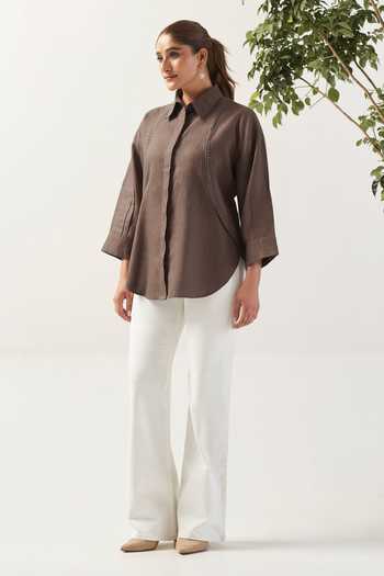 Shop Savaaya Brown Linen Collared Neck Cocoa Pure Shirt Online at Aza Fashions Shop_Savaaya_Brown Linen Collared Neck Cocoa Pure Shirt _Online_at_Aza_Fashions